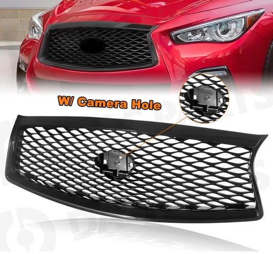2014-2017 Infiniti Q50 Front Bumper Upper Grille Gloss Black W/ Camera Hole