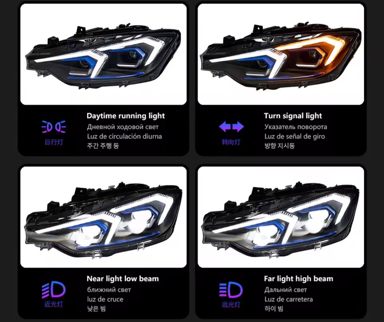 BMW F30/F31 Full LED Blue DRL Projector Headlights (2012–2019) | Sequential Turn Signal | Plug & Play