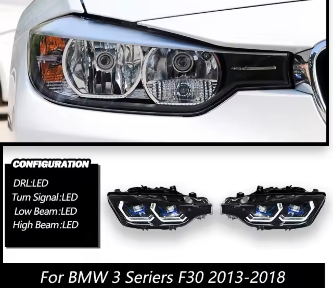 BMW 3 Series 2015-2018 F30 LED Adaptive Headlights, Laser Style