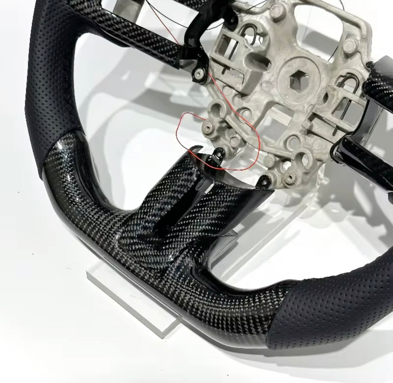 LED RPM Gloss Carbon Fiber Steering Wheel for Ford Mustang GT & Shelby 2015–2023 | Flat Bottom | Perforated Leather