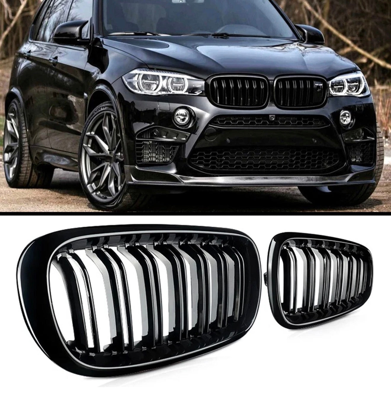 Gloss Black Dual Line Grill Front Kidney Grille For 2014-2018 BMW X5 F15 X6 F16