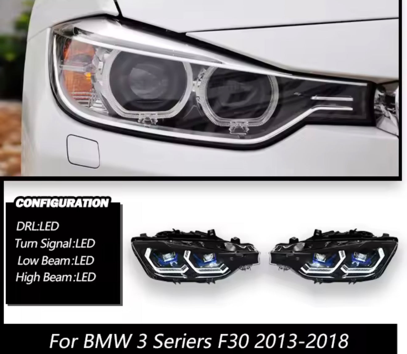 BMW 3 Series 2015-2018 F30 LED Adaptive Headlights, Laser Style