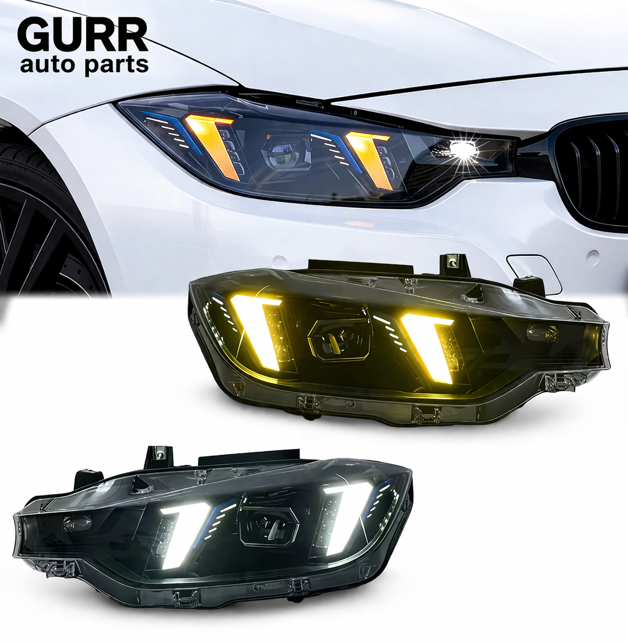 BMW Snake Style Headlights with Dual Color DRLs (yellow & white ) for F30 2012-2018 models