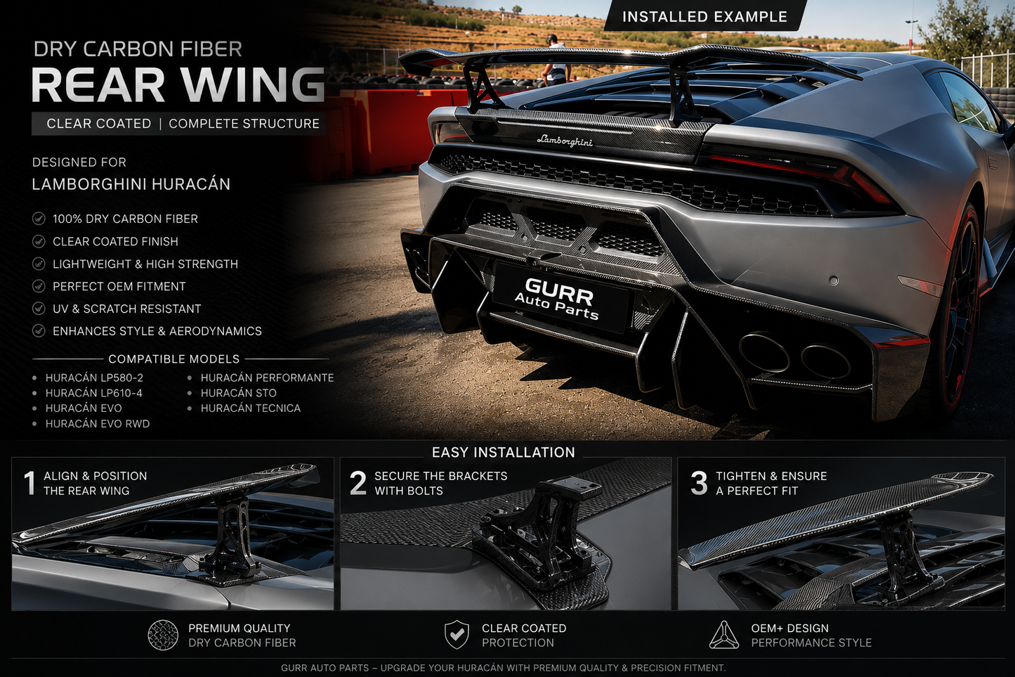 Lamborghini Huracán Dry Carbon Fiber Clear Coated Rear Wing | OEM+ Performance Style