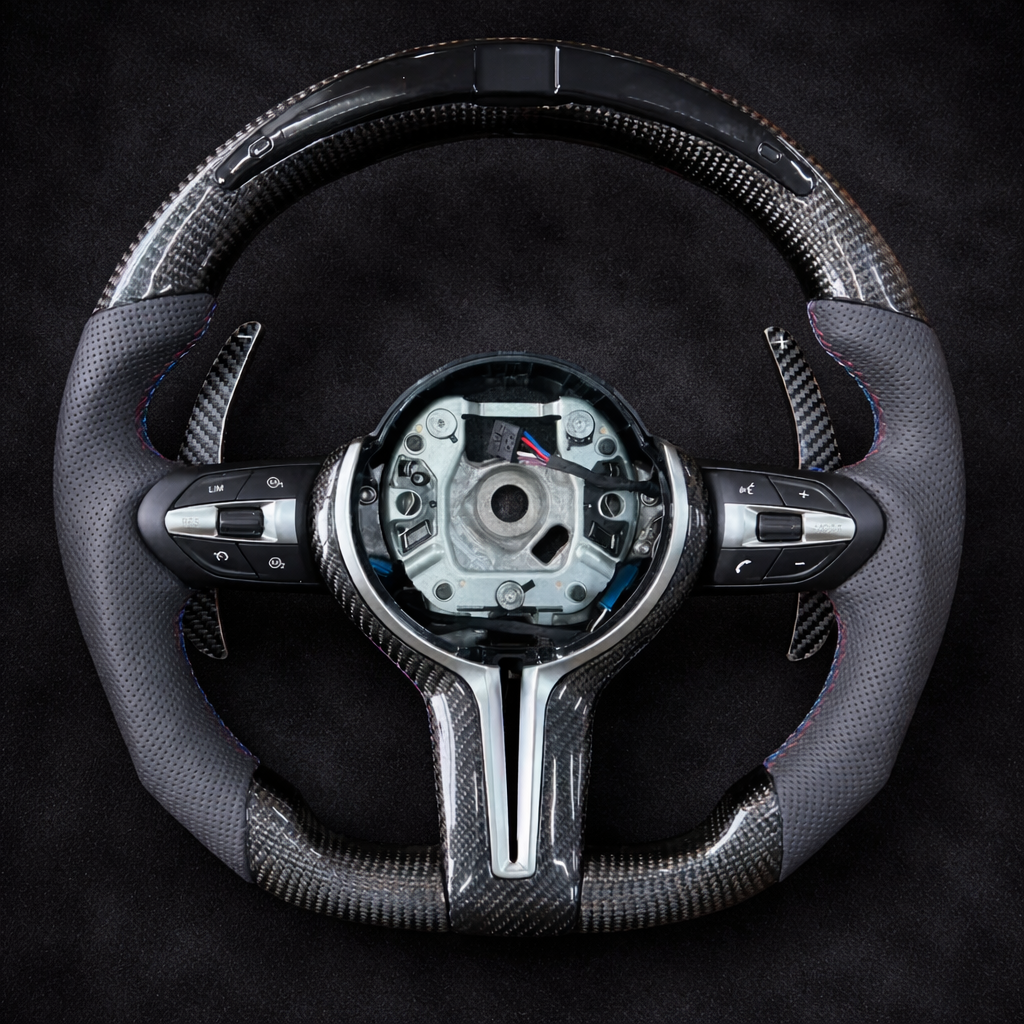 BMW Race Carbon Fiber & Perforated Leather Steering Wheel With REV LED Display for 2004-2019 Models