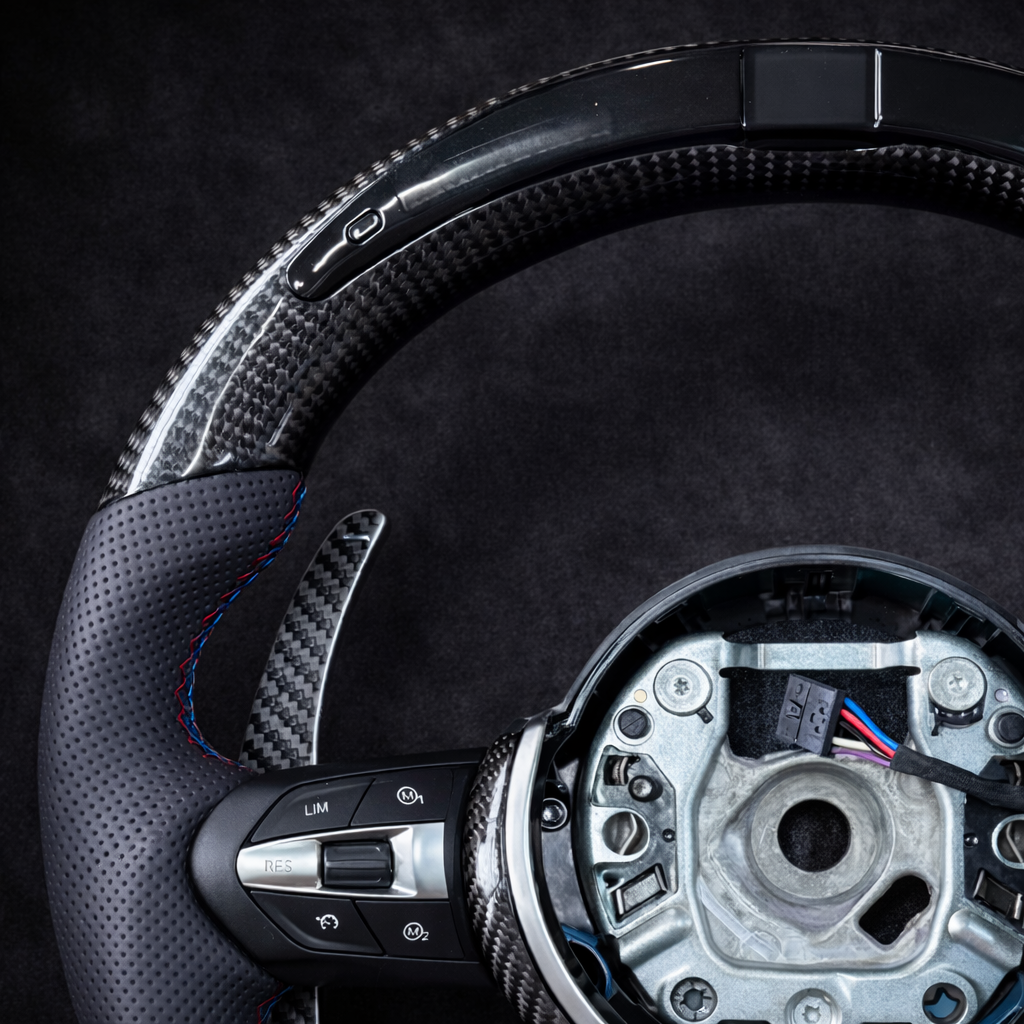 BMW Race Carbon Fiber & Perforated Leather Steering Wheel With REV LED Display for 2004-2019 Models